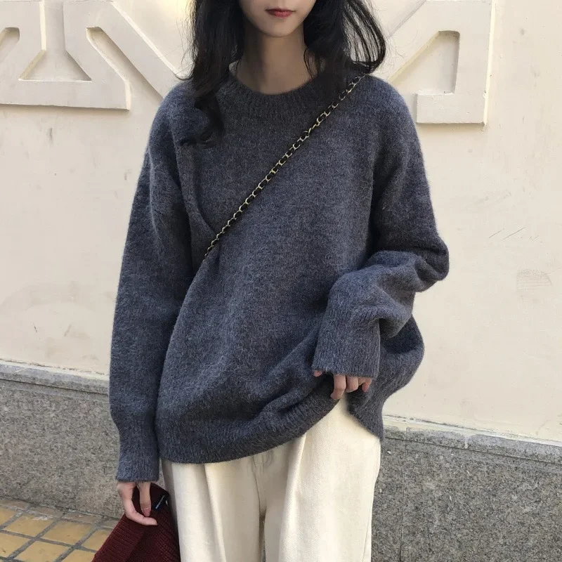 

DUOFAN Retro Crew Neck Knitted Pullovers Women's Hong Kong Style Solid Long Sleeve Sweater Outer Wear 2023 Korean Loose Jumpers