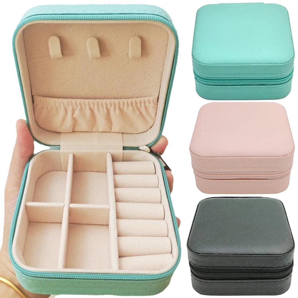 Jewelry Box Portable Leather Jewelry Organizer Box Display Travel Jewelry Case Boxes Button Leather Storage Zipper Jewelers