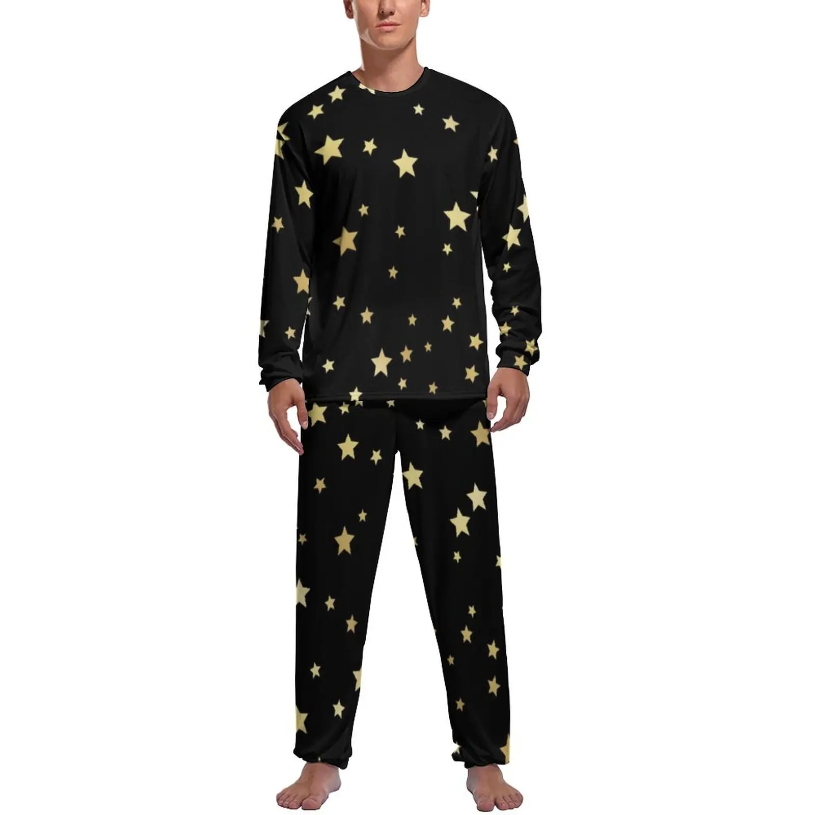 Golden Stars Pajamas Long Sleeve Cute Star Print 2 Pieces Aesthetic Pajama Sets Autumn Men Custom Trendy Home Suit