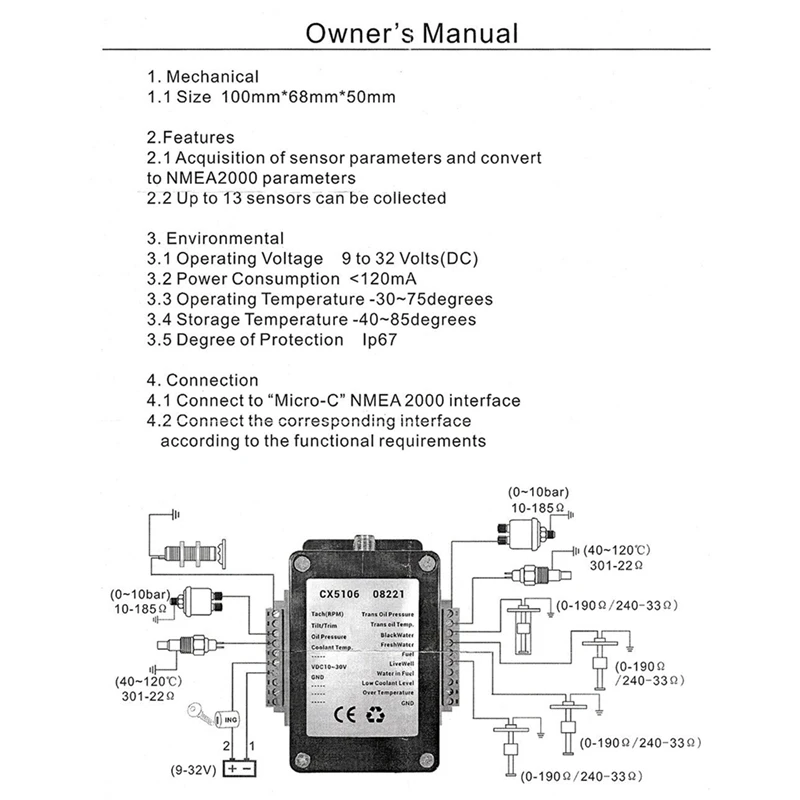 1 шт. конвертер NMEA2000/N2K 0-190 Ом одноканальный до 13 датчиков черный для морской лодки