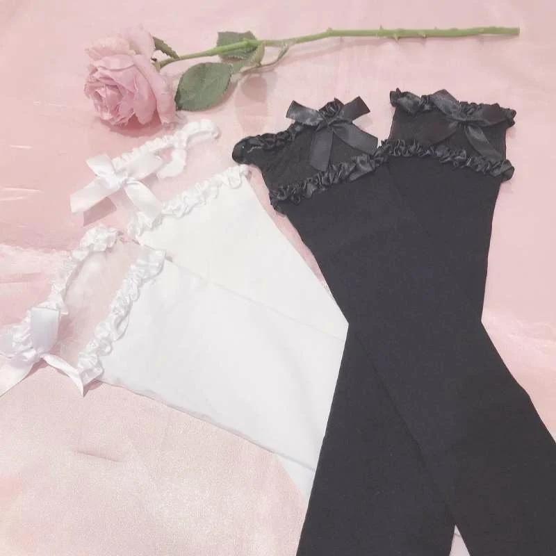 Japanese Style Sweet Cute Bowknot Socks Women Wooden Ear Lolita Silk Socks Girl Student Tube Tight Long Socks