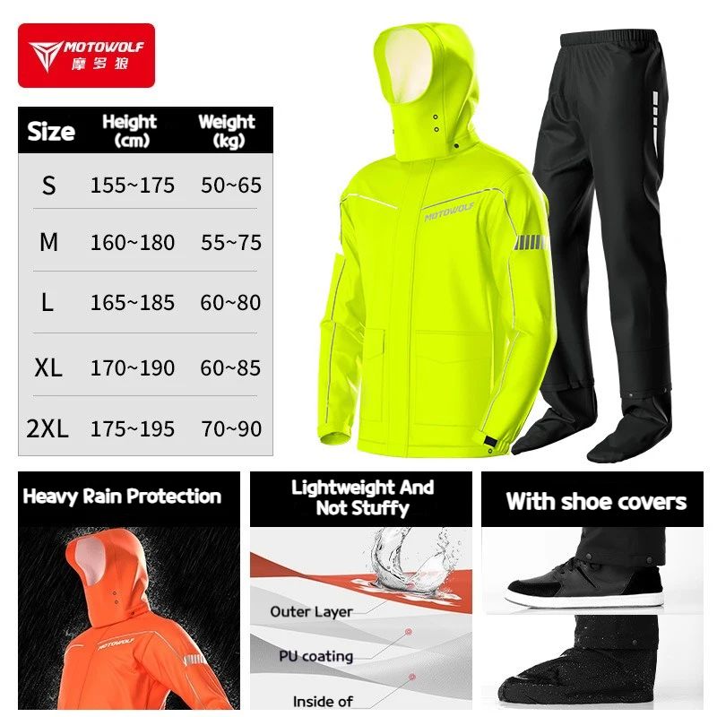 

MOTOWOLF мотоциклетный дождевик для мужчин и женщин, водонепроницаемый дождевик, светоотражающий дышащий легкий дождевик из 2 предметов