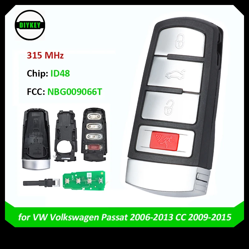 

DIYKEY Keyless-Go 3+1 Button ASK315 MHz Remote Control Key / 48 CHIP / FCC ID: NBG009066T / for 2006-2013 Passat, 2009-2015 CC