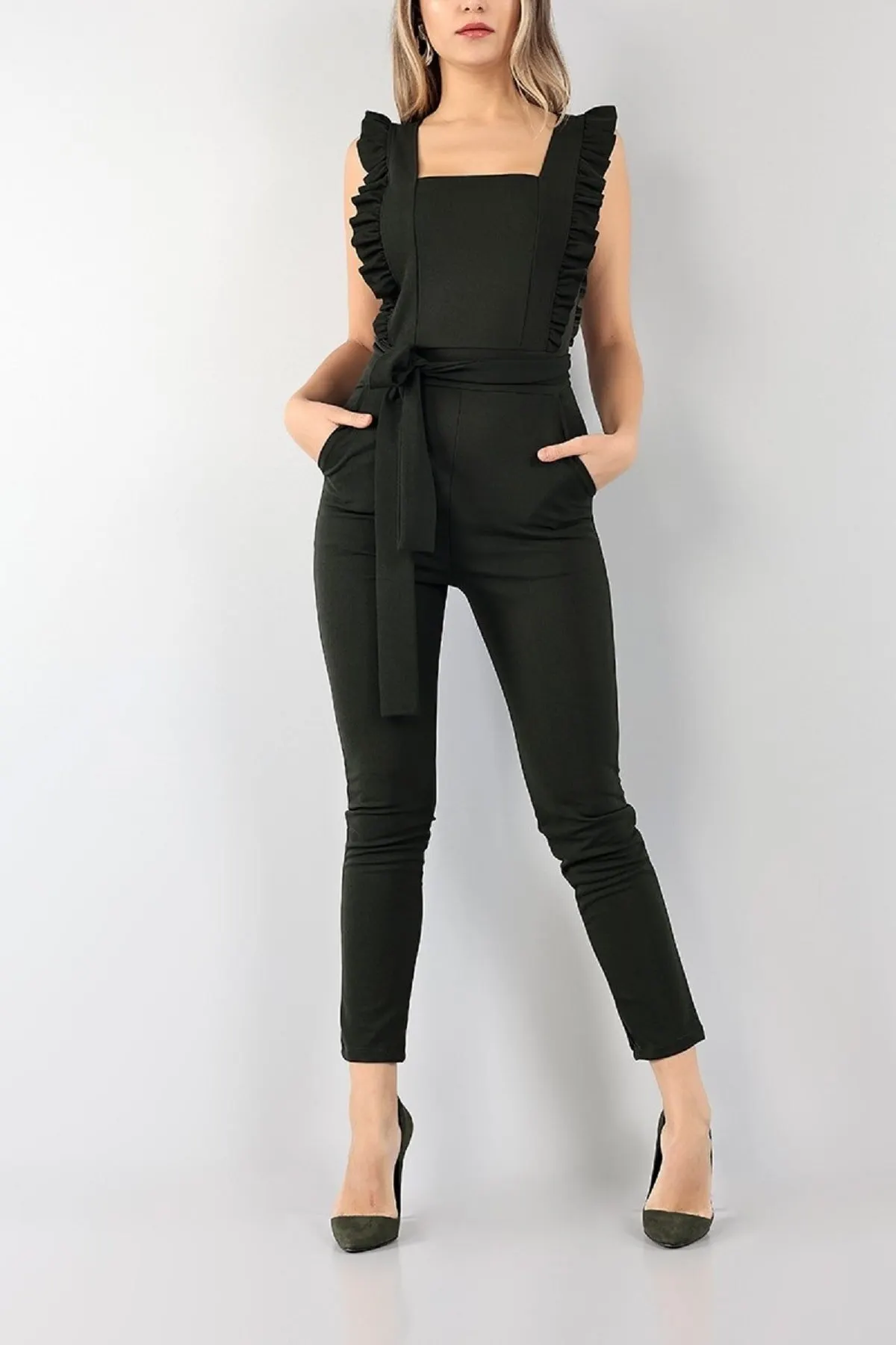 

Women's Overalls Khaki Belted Pocket Detail Crepe Long Length Q Hot Casual Fashion Sleeveless Baggy Trousers Overalls