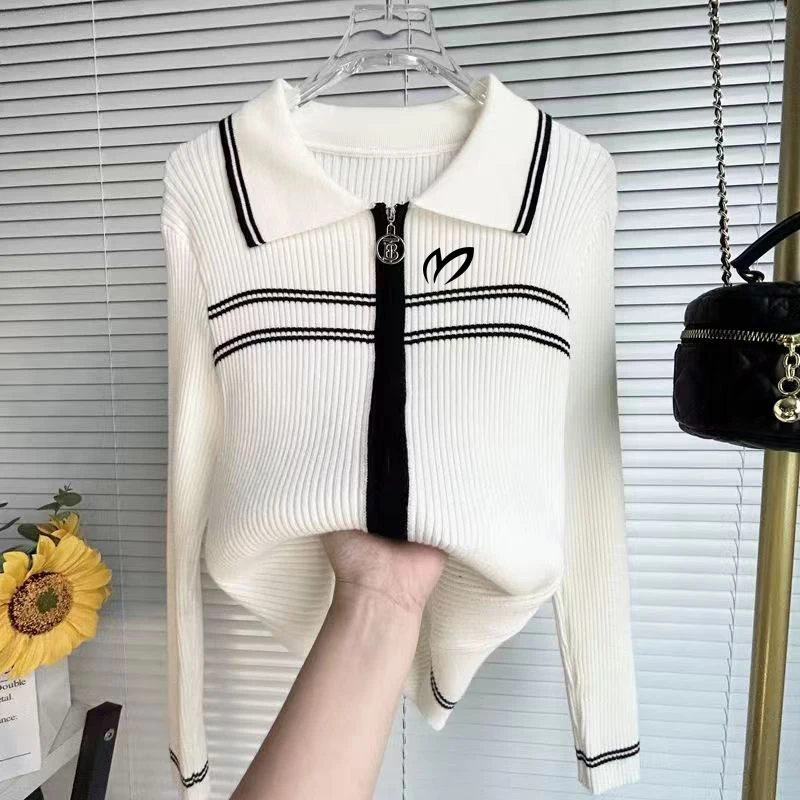 

2023 New Golf Long Sleeve Women's Knit Fashion Zipper Polo Knit Cardigan Casual Women's Golf Slim Fit Top