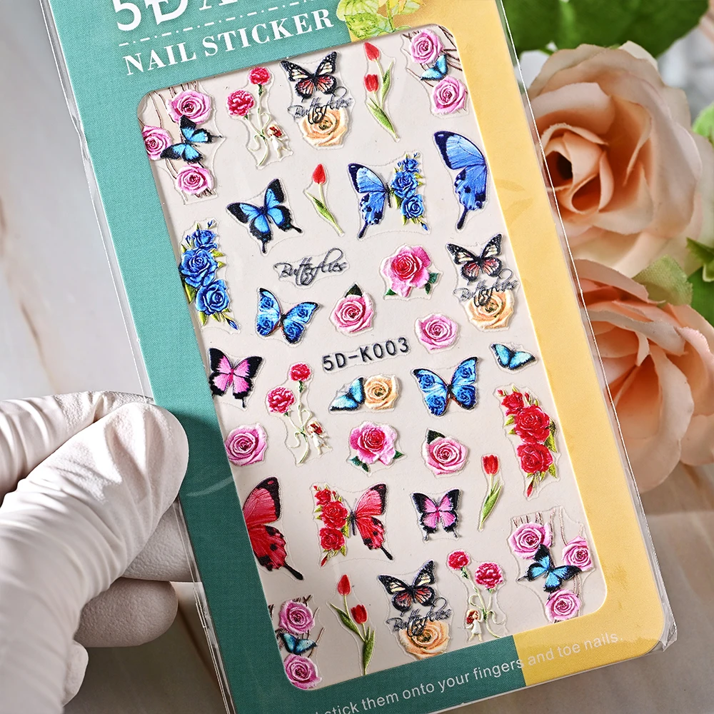 

5D Embossed Butterfly Flowers Nail Art Sticker Decal Self Adhesive Slider Cute Acrylic flower Design Nail Art Decoration