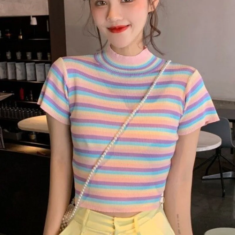 

Summer Fashion Cute Contrast Stripe T Shirt for Women Knit Stand Collar Pullover Short Sleeve T-shirt Y2k Style Kawaii Clothes