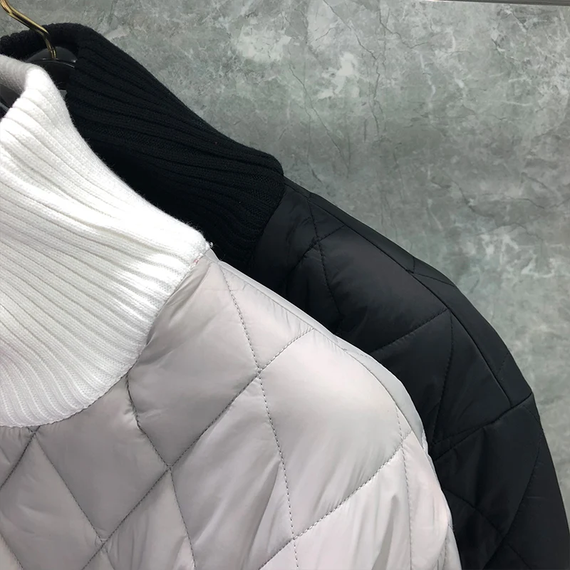 TB TNOM Men's Winter Jacket Fashion Brand Coat White 4-Bar Stripe Diamond LatticeTurtleneck Cotton-Padded Pullovers TB Jackets