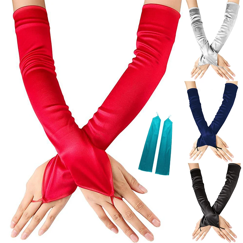 

49cm Women Satin Hook Finger Long Fingerless Gloves Solid Retro Style Opera Evening Dress Accessories Etiquette High Elasticity
