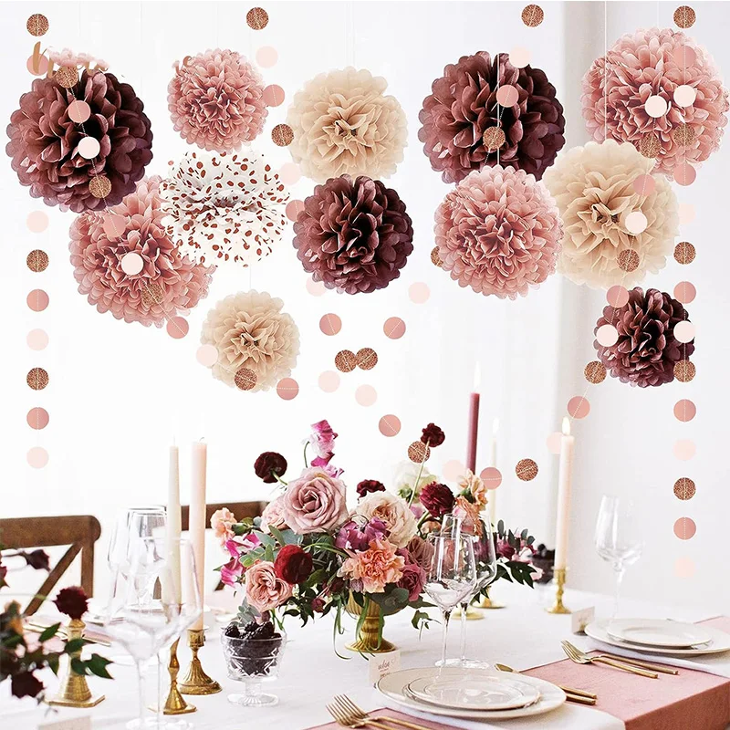 

15pcs Rose Pink Burgundy Wedding Party Decorations Paper Pom Poms Flower Dots Garlands Hanging Backdrop for Birthday Party Decor
