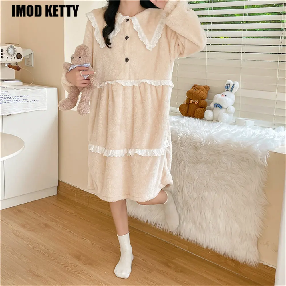 

Winter Fashion Flannel Pajamas Home Sleepshirt Thicking Casual Simple Comfortable WarmWoman Dress Cute Lace Female Coral Plush
