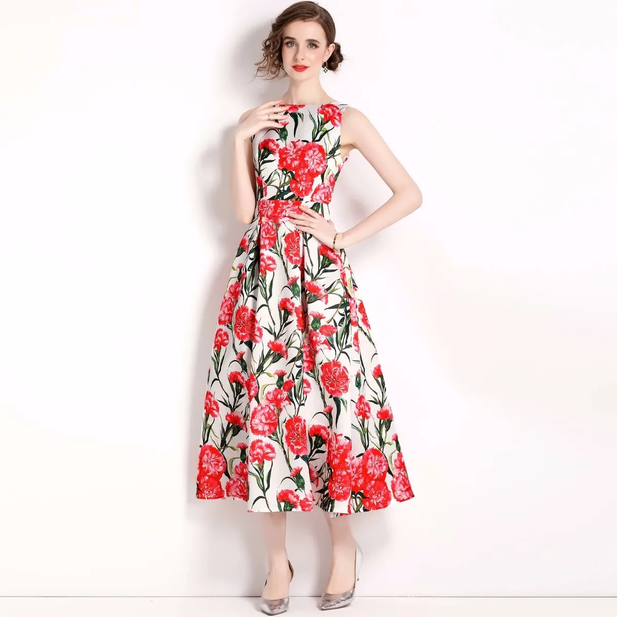 

Женское длинное платье без рукавов, Повседневное платье большого размера с высокой талией и принтом в виде зонта, весна 2024