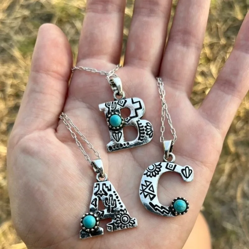 

Silver Texture Turquoise Stone Engraved Cactus Initial Capital Letters Necklace for Women Western Cowgirl Aztec Ethnic Jewelry