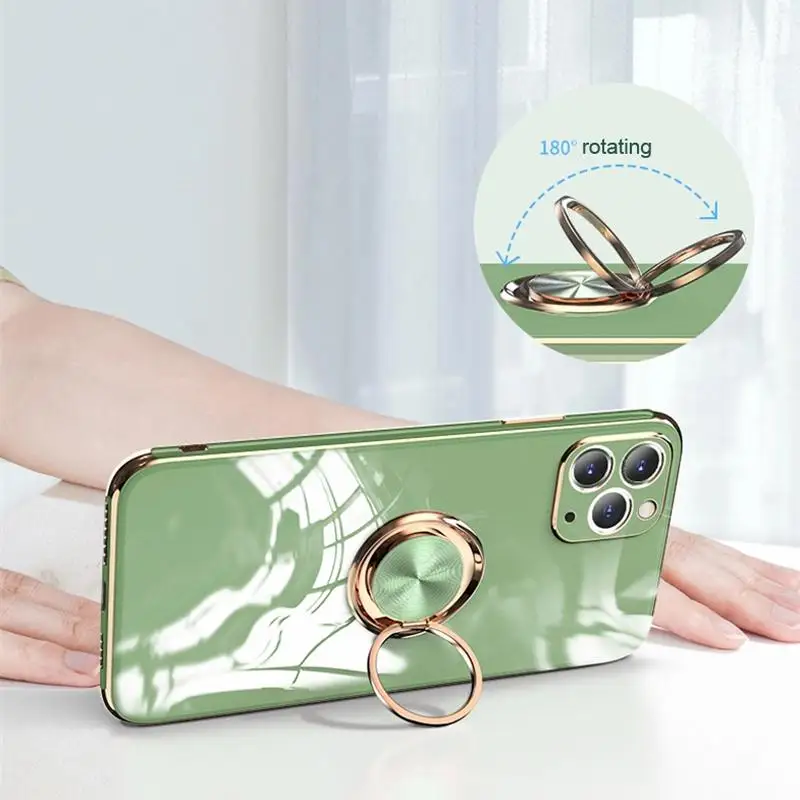For iPhone 13 14 Pro Max Case Ring Holder Luxury Plating Cover for iPhone 11 12 14 Pro Xs Max X Xr 7 8 Plus Shockproof Silicone