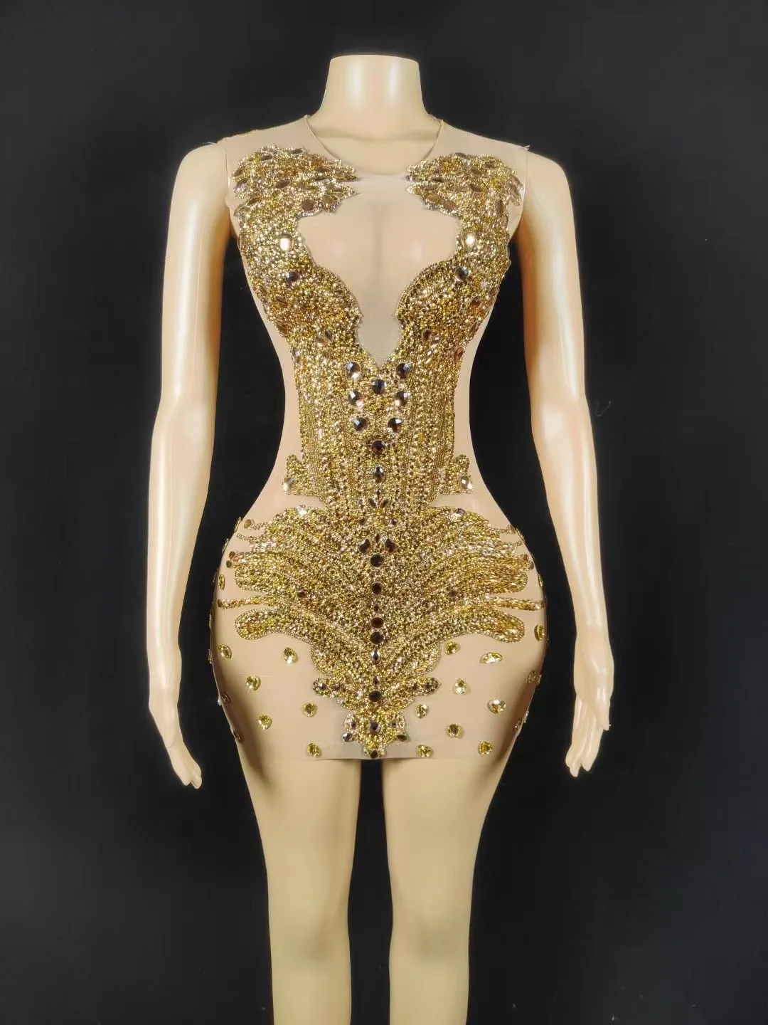 

Summer New Gold Diamond Nude Sexy Sleeveless Skirt Party Bar Club Female Performers Stage Clothing
