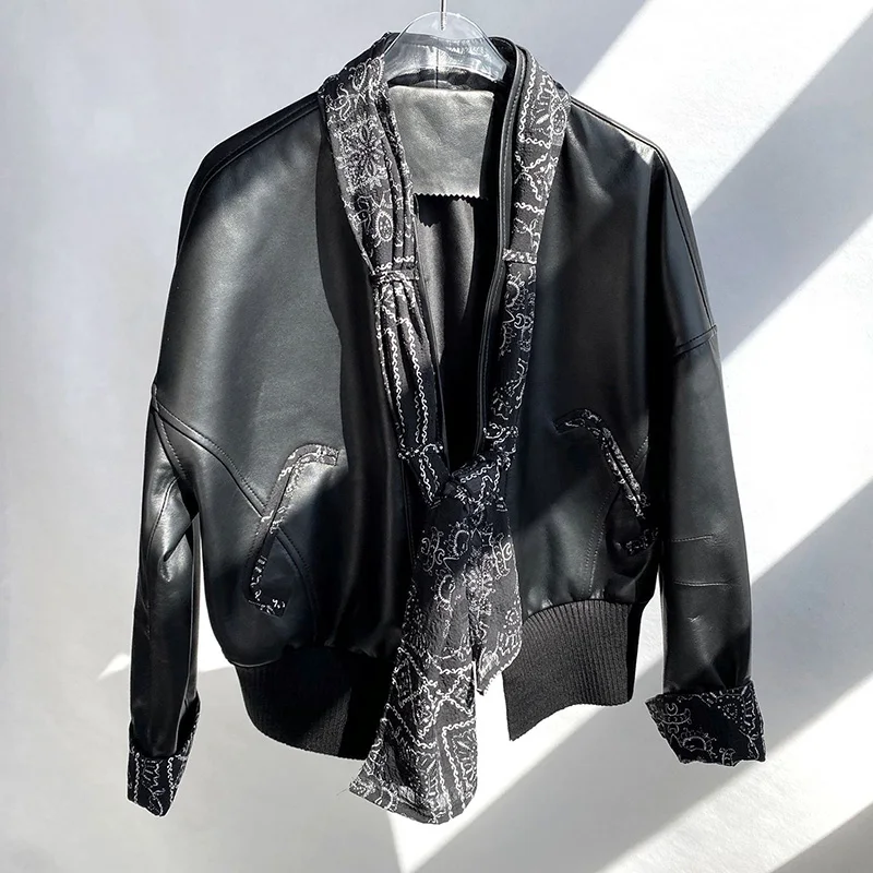 Women Leather Jackets Coats Chiffon Panel Tie Solid Dropped Shoulder Cropped Sheepskin Short Coats Elegant 2022 Autumn TF5003