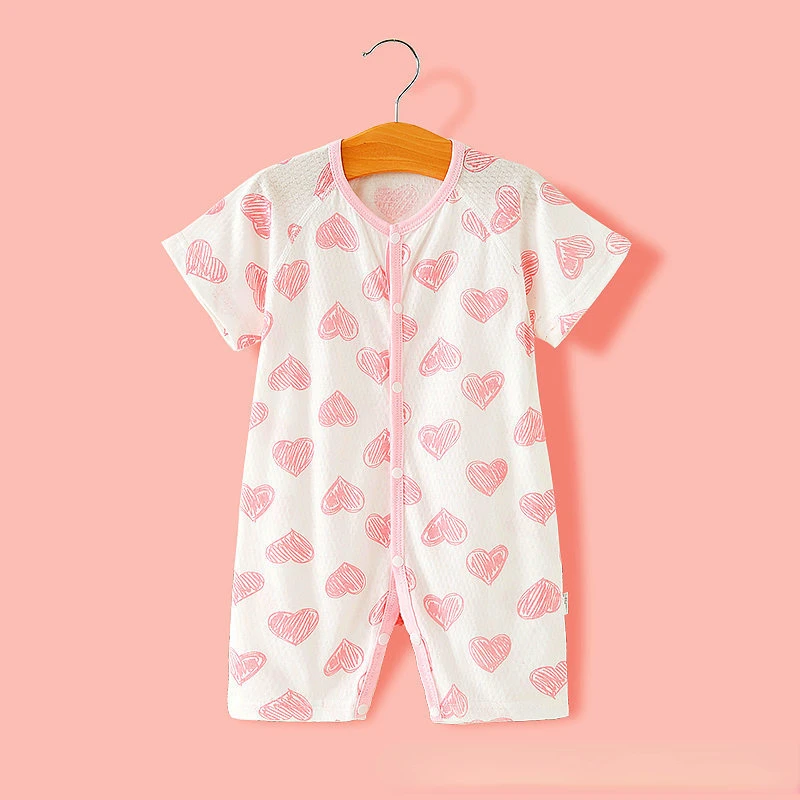

Baby Girl Onesie Clothes Pink Heart Print Single Breasted Rompers New Born Boy Jumpsuits Infant Summer Short Sleeve Pajamas