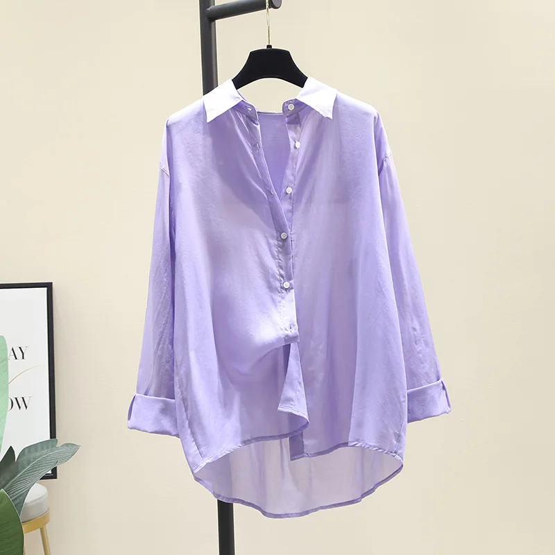

SuperAen Women's Summer 2022 New Solid Loose Casual All Match Turn Down Collar Full Sunscreen Shirt