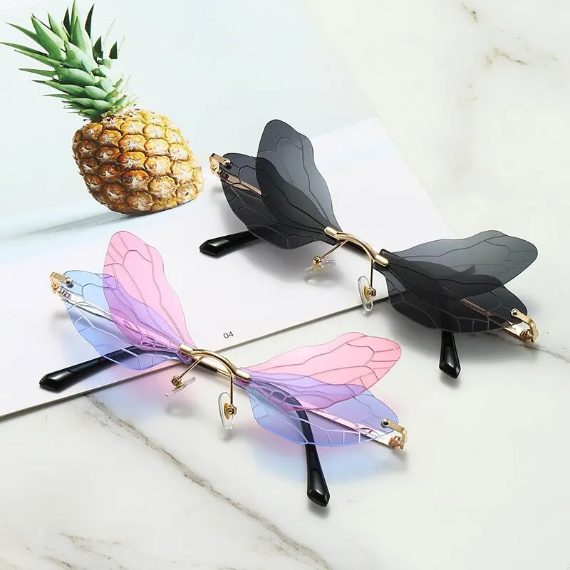 

2021 Fashion Rimless Sunglasses Women Vintage Dragonfly Steampunk Sunglasses Men Frameless Gradient Clear Lens Glasses