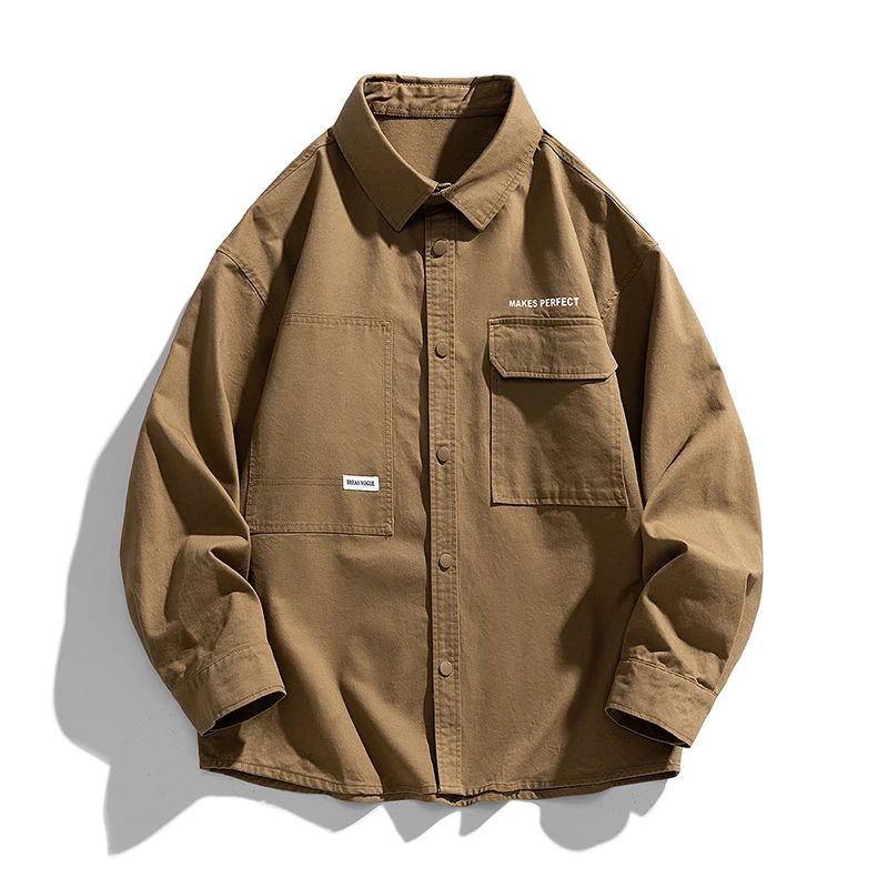 

Autumn Oversize Long Sleeved Shirts Men Vintage Baggy Blouse Fashion Korean Streetwear Cargo Shirt Tops Clothing Male Plus Size