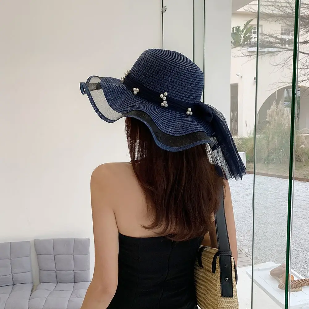 

Fashion Temperament Ribbon Summer Sunshade Lace Women Sun Hat Pearl Bow Straw Cap Korean Style Cap