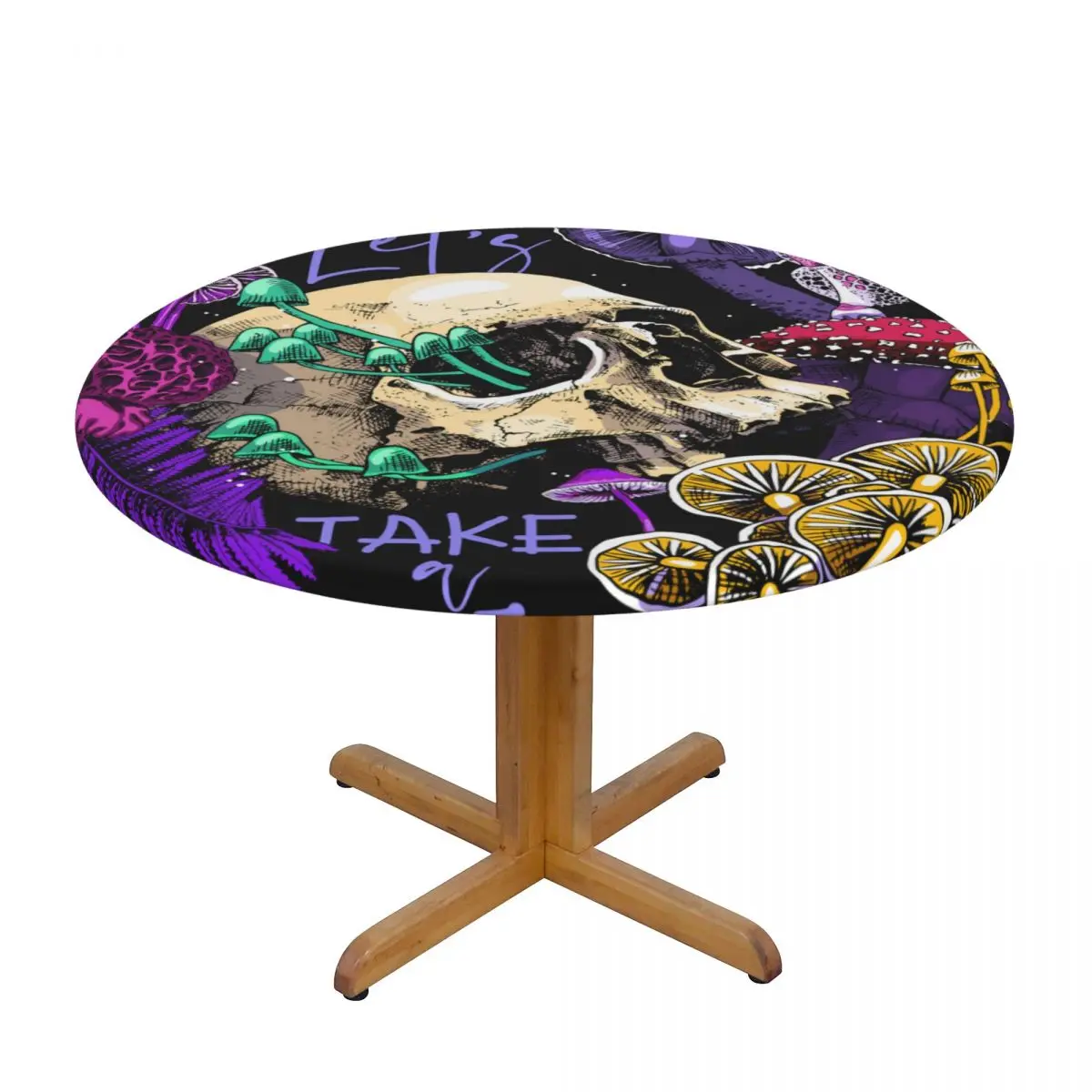 

Round Table Cover Cloth Protector Polyester Tablecloth Magic Psychedelic Mushrooms Skulls Fitted Table Cover with Elastic Edged