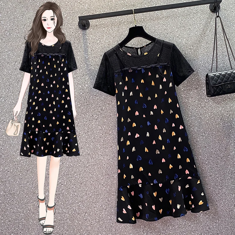 

Elegant Retro Fake Two Piece Chiffon Dress 2022 Summer New Large Size Loose Casual Dress For Women Clothing fp136