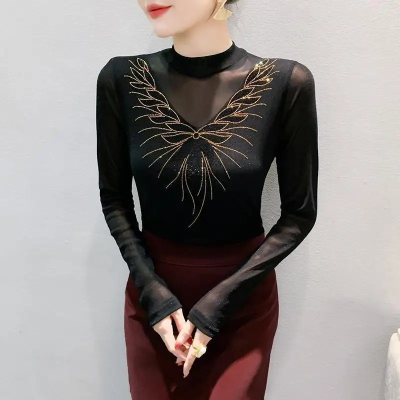 # 7554 Черная эластичная сетчатая футболка с длинным рукавом женская сексуальная