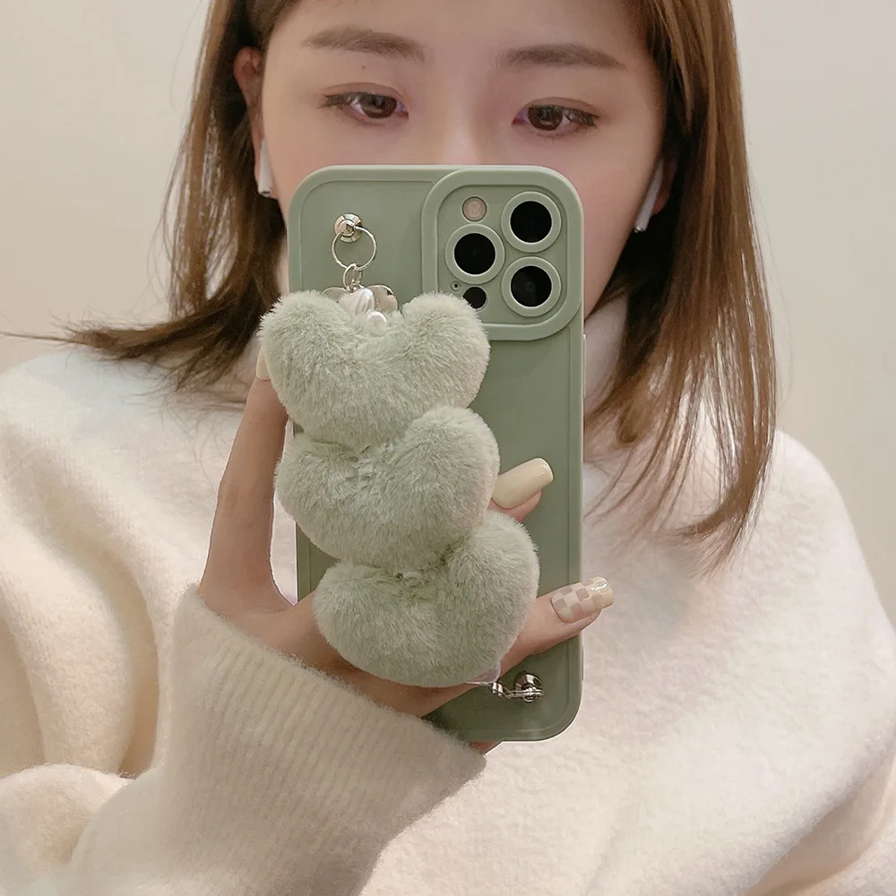 

Cute Warm Plush Love Heart Korean Phone Case For iPhone 11 12 13 Pro Mini XS Max X XR 7 8 Plus SE 2 Winter Shockproof Soft Cover