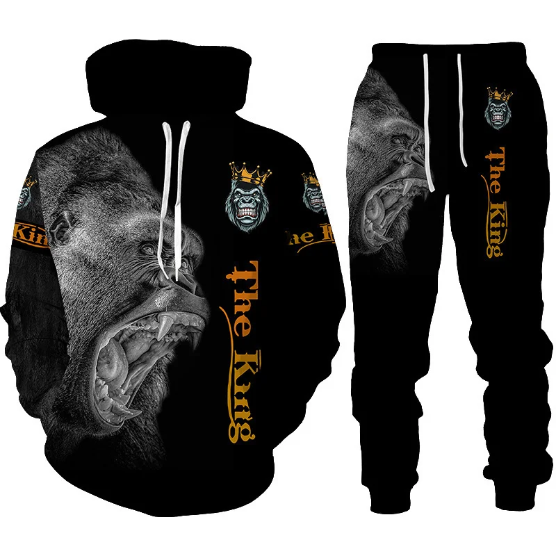 

2 piece men's training set autumn and winter 3d printed chimpanzees hoodies sport suit men's casual sweatshirt set homme