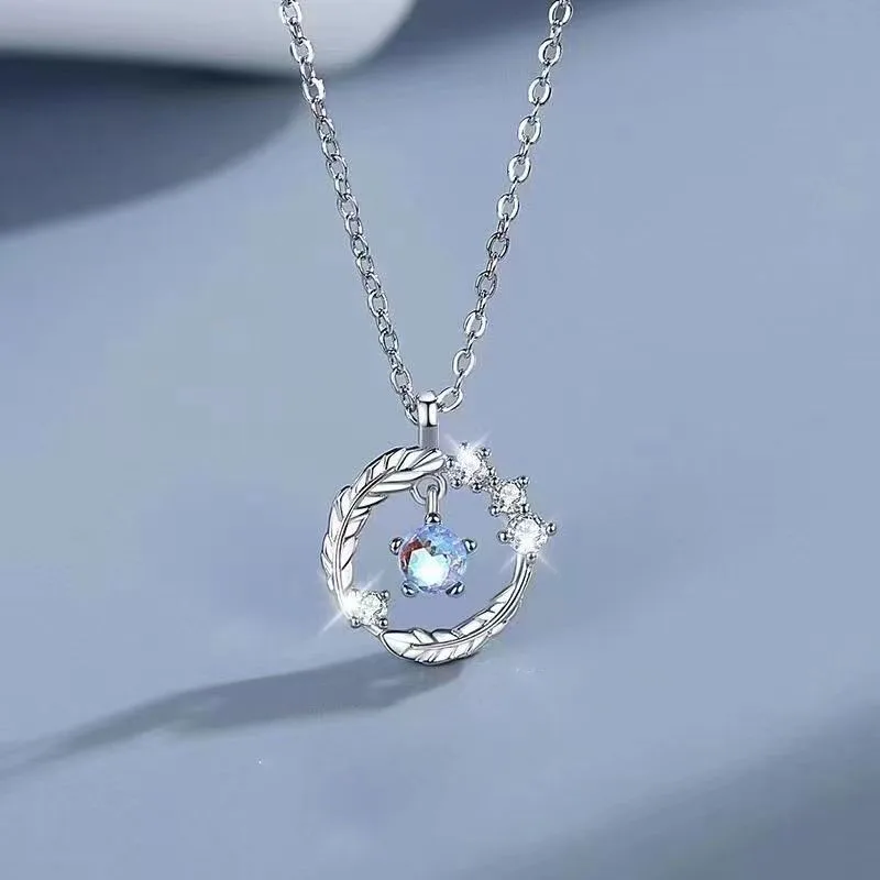 

Feather Moonstone Smart Necklace Korean Sweet Style Light Feather Collarbone Chain Jewelry Accessories for Women Party Gift