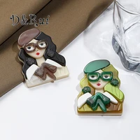 drui cartoon beautiful girl with glasses acrylic brooches trend female figure color enamel brooch for women coat decoration pin