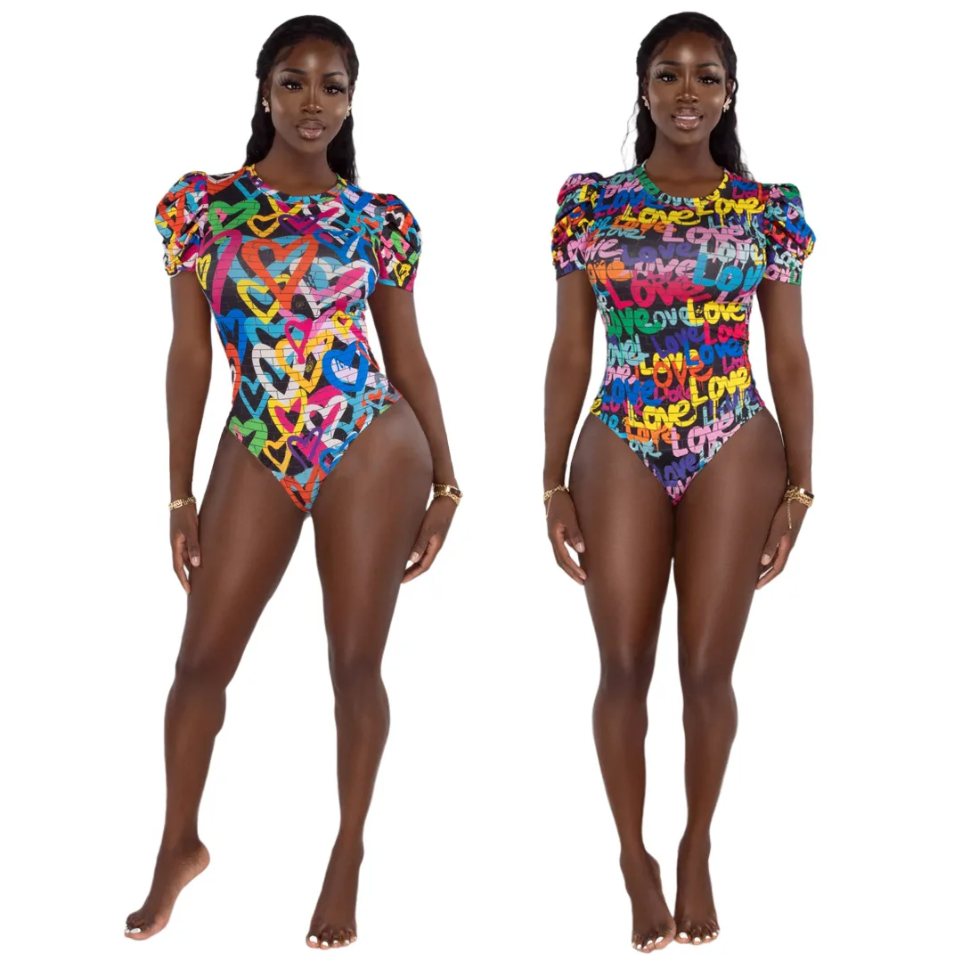 

Colorful Printed Love Bodysuit Tops Summer Short Puff Sleeve O Neck Shirt Women Y2k Clothes Casual Streetwear for Summer Rompers