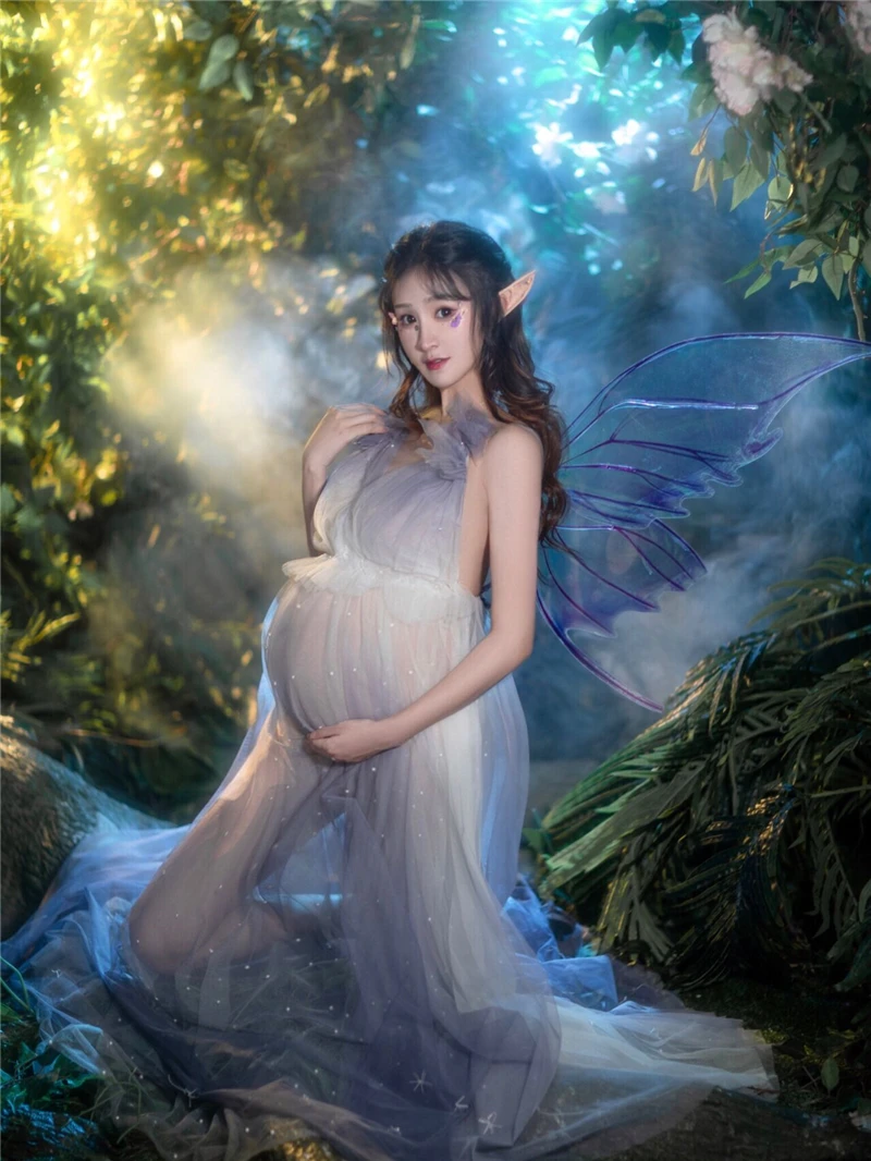 Women Photography Props Champange Mesh V-neck Fairy Elegant Maternity Dresses Perspective Pregnancy Dress for Studio Shooting enlarge