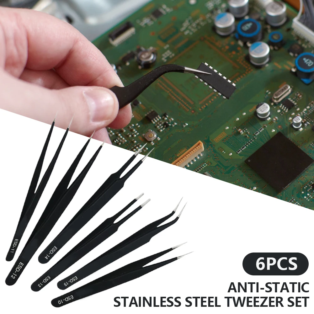 

6pcs ESD Anti-Static Stainless Steel Tweezer Set Maintenance Repair Tool Kit Anti Static Model Making Tool Hand Tool Set
