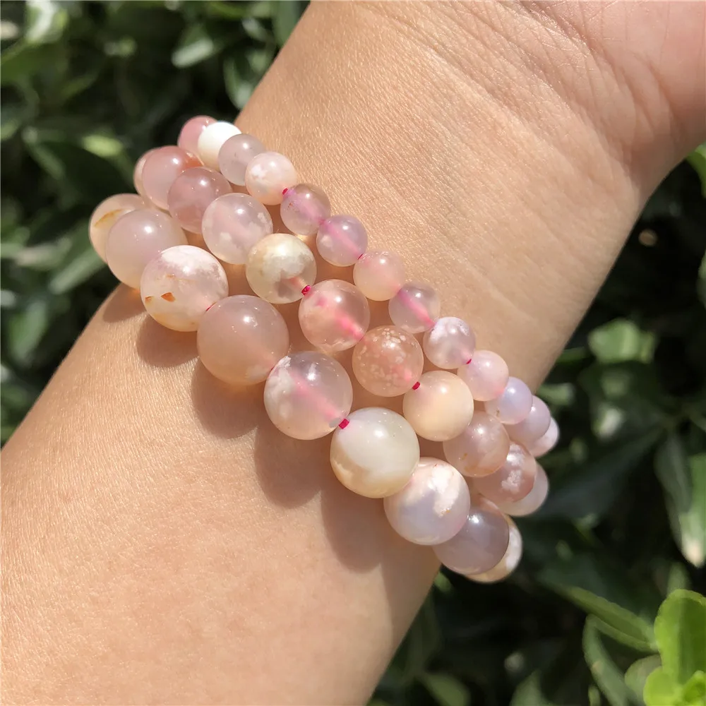 

1 Pc Fengbaowu Natural Cherry Blossom Stone Bracelet Flower Sakura Agate Round Bead Crystal Healing Women Jewelry Gift