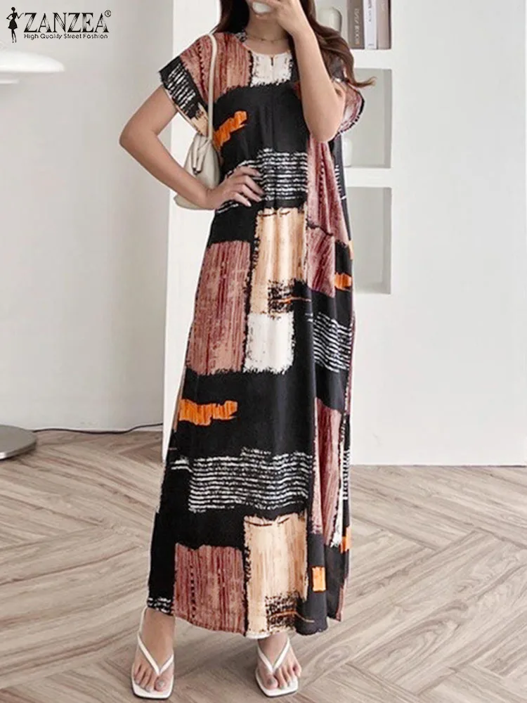 

Платье ZANZEA женское длинное с коротким рукавом, свободное модное повседневное Макси-платье с воротником-стойкой, праздничное с принтом, лето 2023