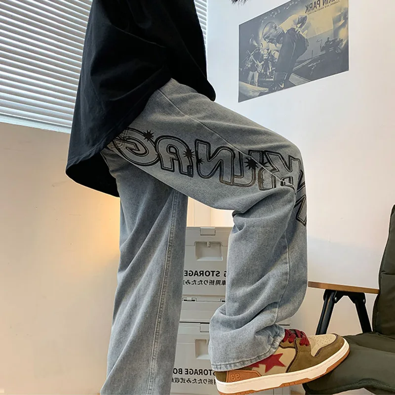 Wide Jeans for Men Street Style Fashion Printing Denim Trousers Baggy Straight Pants Vintage Y2K Bottoms Plus Size Male Clothes