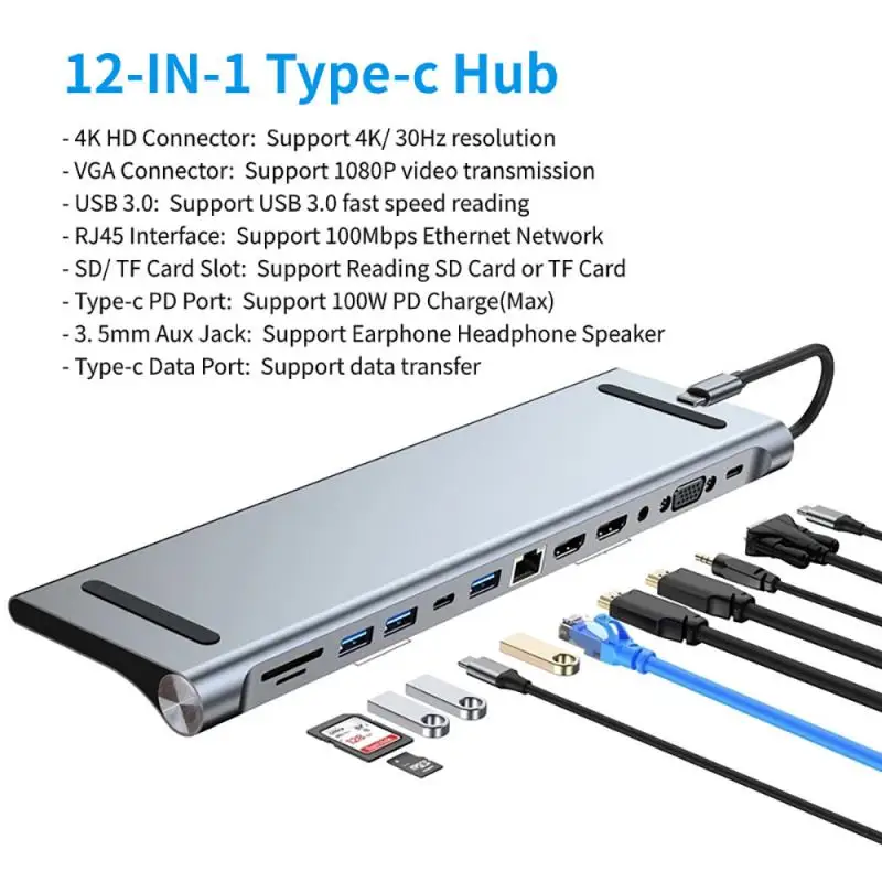 

Type C Male Head 12 In 1 USB 3.0 Aluminum Alloy Hub Dual 4K RJ45 VGA Cable Splitter Docking Station Adapter With Audio 3.5mm