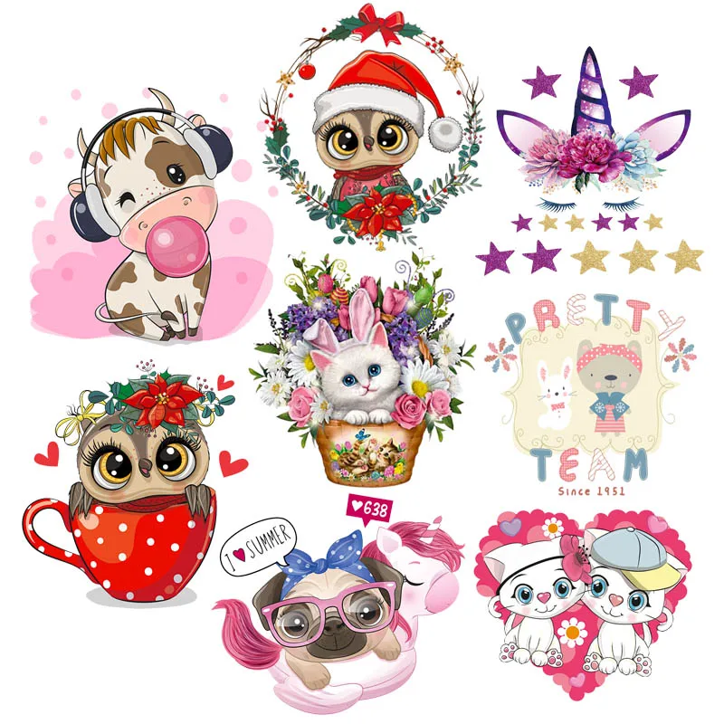 

Cartoon Animal Flowers Iron-on Trasnfer Patches For Clothing Unicorn Heat Transfer Patches DIY Cat Thermal Stickers On Clothes
