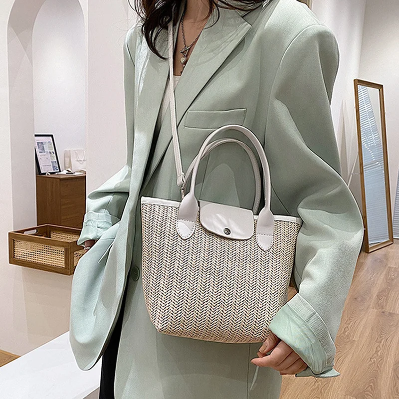 

2022 модная женская пляжная сумка, высококачественные соломенные сумки с ручкой из искусственной кожи, женская летняя сумка из рафии, дорожна...