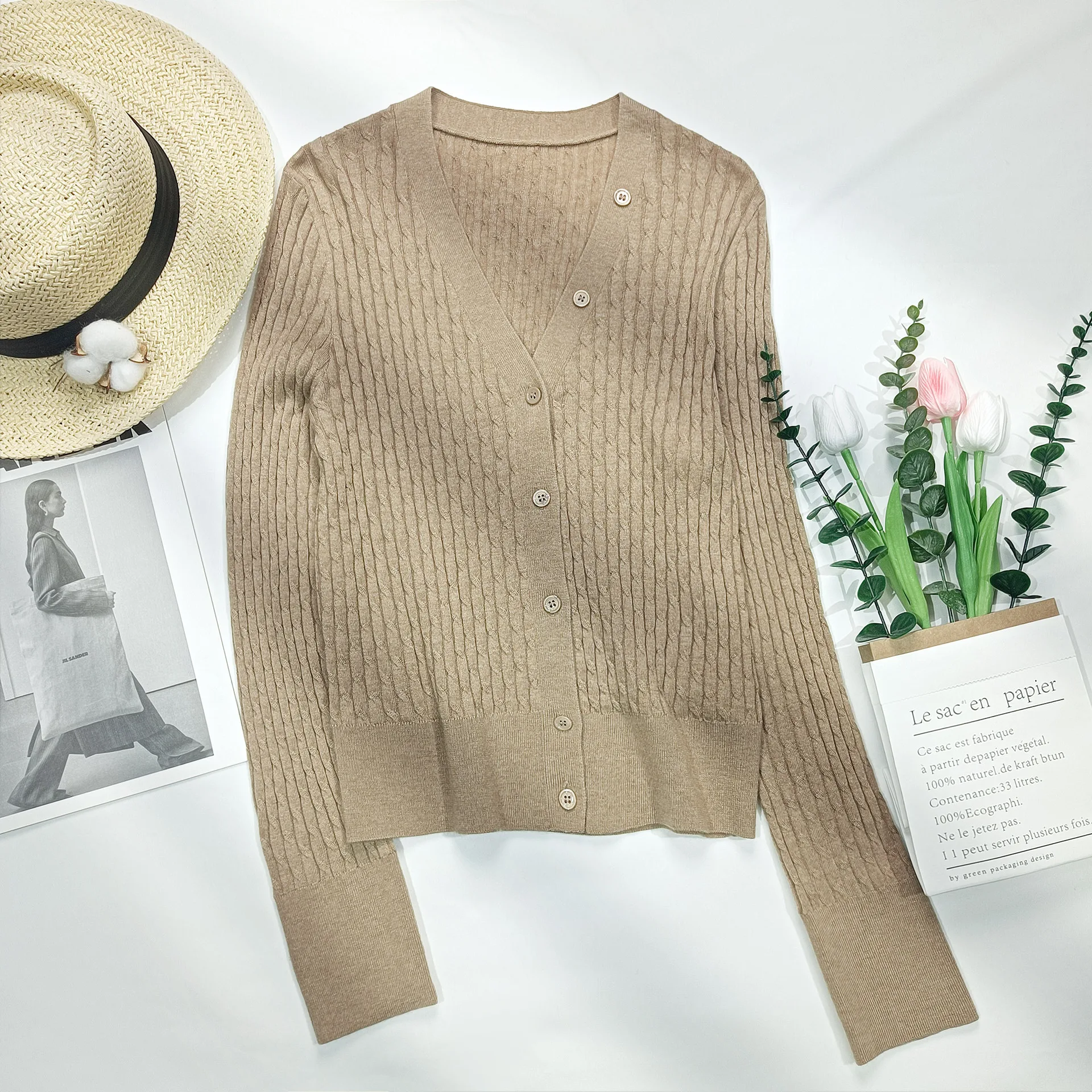 

Wool Blends Women Commuter Fashion Knit Sweater Casual Versatile Knitwear Top Female V-Neck Single Breasted Cardigan