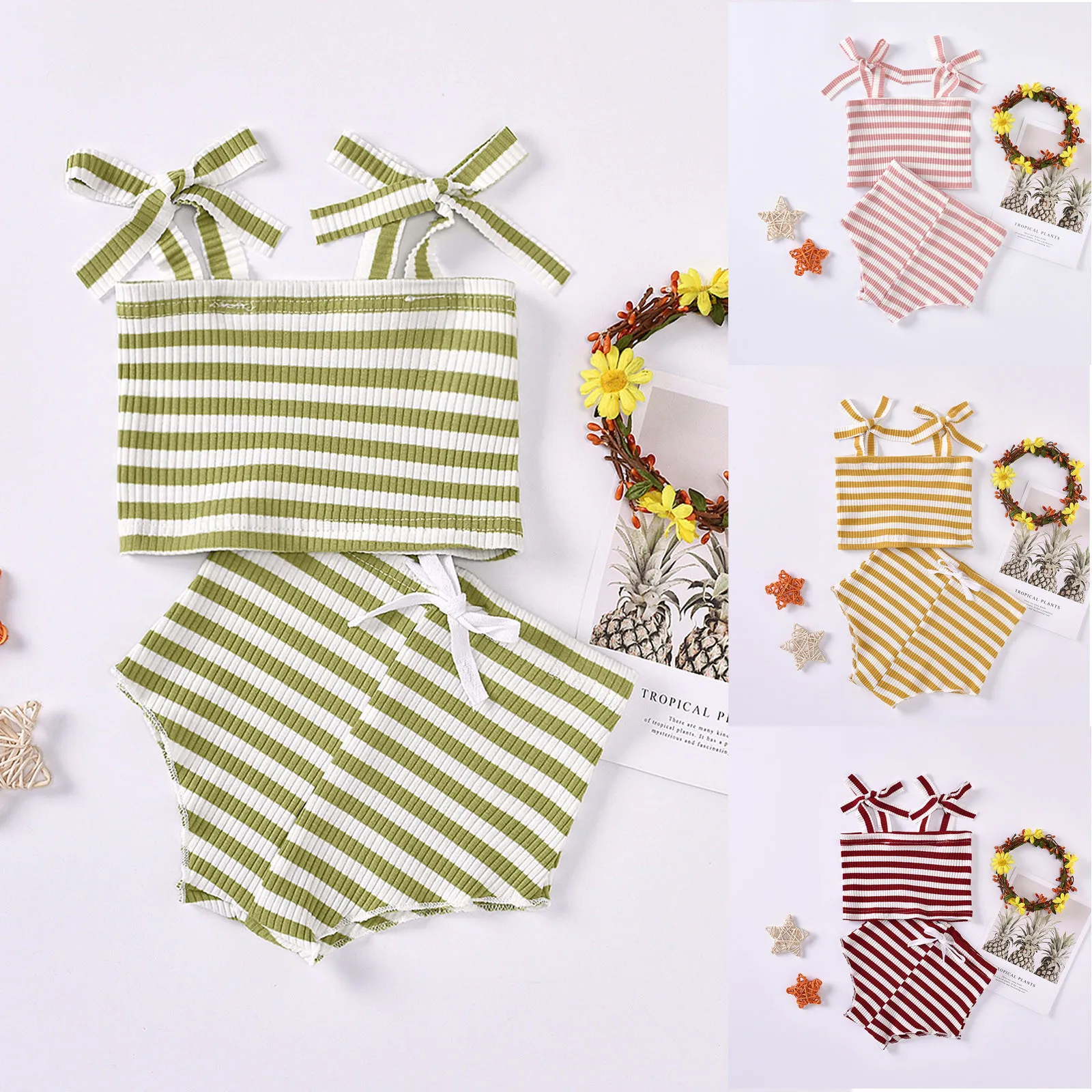 

Летний комплект одежды для маленьких девочек 3-24 месяцев, жилет в рубчик в полоску на подтяжках и Трусики с высокой талией, костюм для младен...