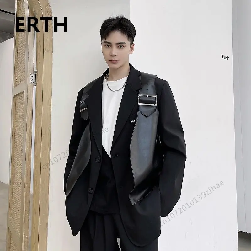 

ERTH Men's Wear 2023 Autumn Niche Design PU Leather Black Vest Japan Korean Tide Causal Sleeveless Cool Waistcoat Male