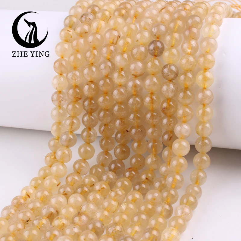 Natural Yellow Rutilated Quartz Stone Beads 6 8 10mm Round Loose Spacer Beads For Jewelry Making DIY Bracelets Accessories 15''