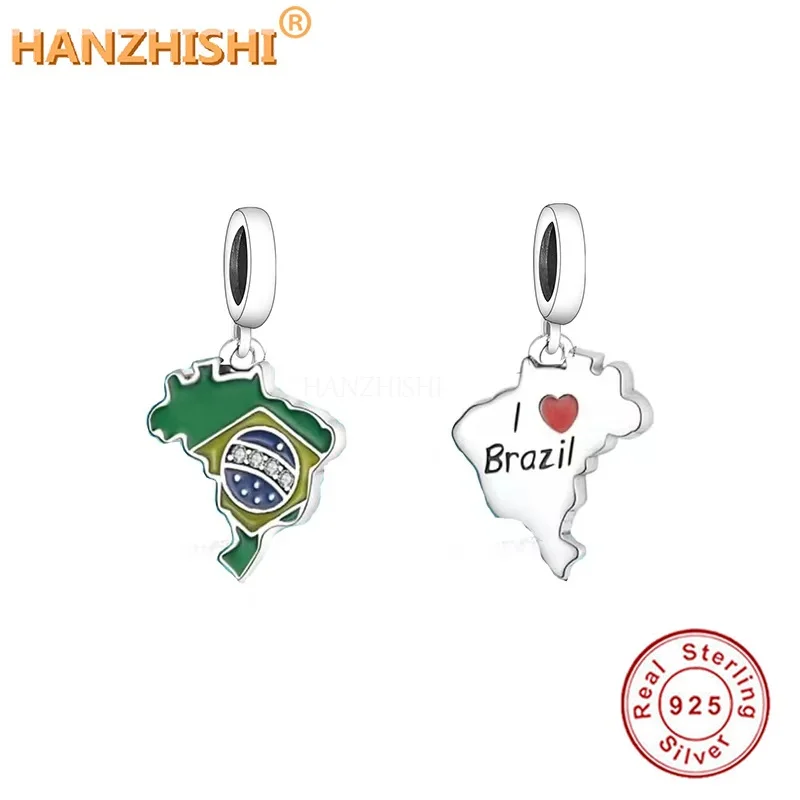 

I Love Brazil Dangle Charms Fit Original Brand Charm Bracelet Necklace 925 Sterling Silver Brazil Flag Beads Jewelry Making