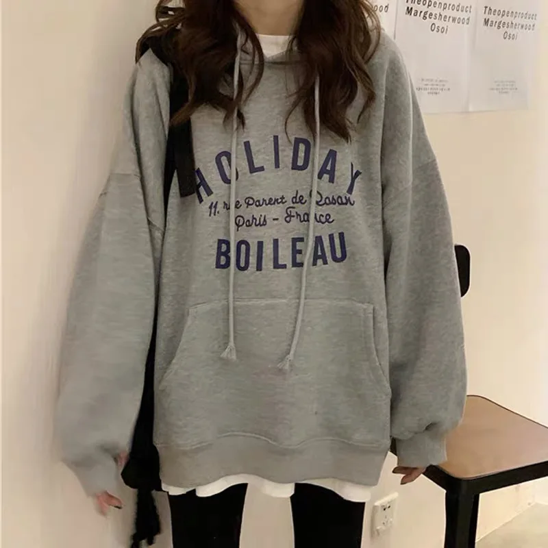 

Korean Letters Printed Hoodie Tops Women Long Sleeve Pocket Hooded Sweatshirts Autumn Ladies Loose Casual Drawstring Pullovers
