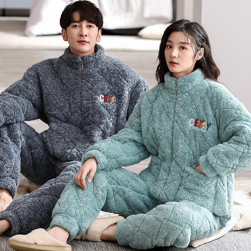 Newest Pajamas Set Couple Winter Three-layer Thick Coral Fleece Quilted Flannel Warm Sleepwear Casual Ladies Homewear Nightgown