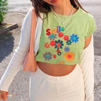 2021 kawaii y2k floral print green crop tops fashion cute o neck short sleeved t shirts streetwear 2000s summer new tees shirts