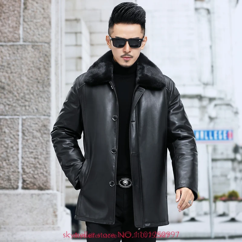 

Mink liner Shearling Fur Leather Genuine Leather Jacket Men sheepskin coat middle length Leather Coat buessine mens Jacket